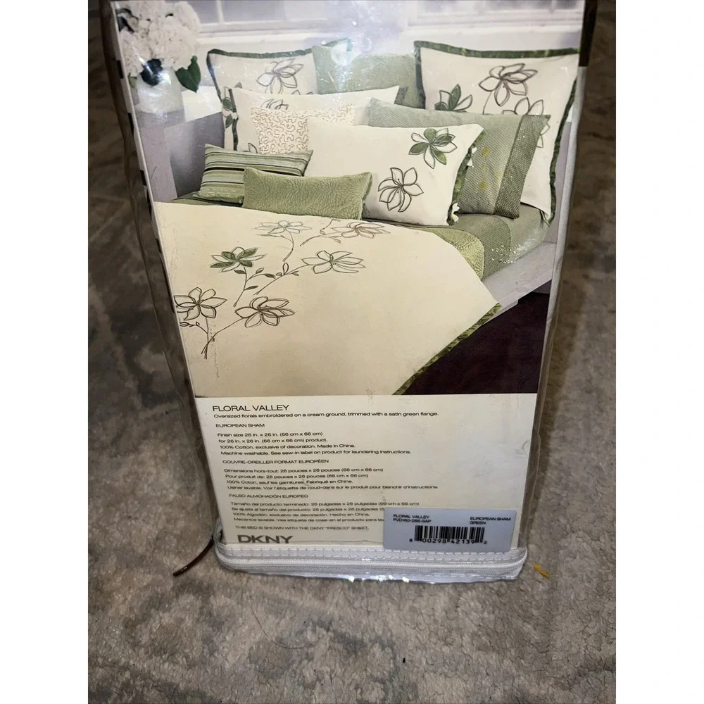 DKNY‎ Floral Valley Green Cream (1) Embroidered Euro Pillow Sham NEW